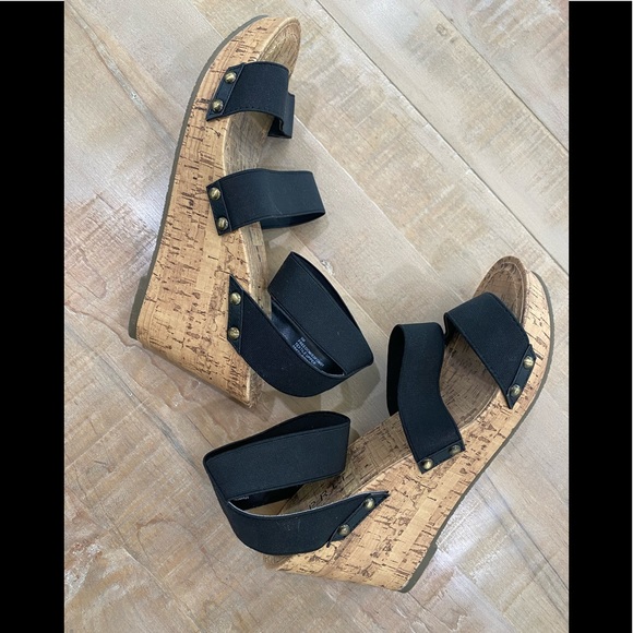 ESPIRIT black espadrille platform slide on wedge cork heel shoes - Picture 4 of 12